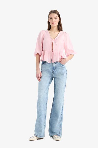 DeFacto Νέα σεζόν Regular Fit V Neck Modal μπλούζα με μακρυμάνικο δέσιμο μπροστά