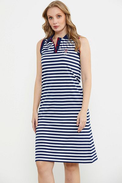 Sementa Polo Neck Marine Striped Dress - Navy Blue