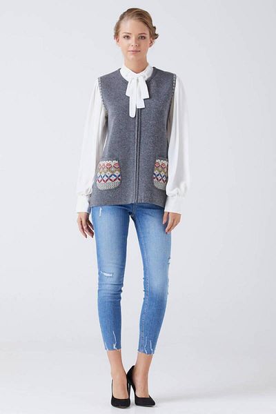 Sementa Women's Zippered Knitwear Vest with Pockets - Dark Gray - Cream