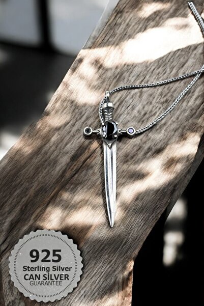 CAN SİLVER 925 Ayar Gümüş Siyah Zirkon Taşlı Kılıç Erkek Kolye