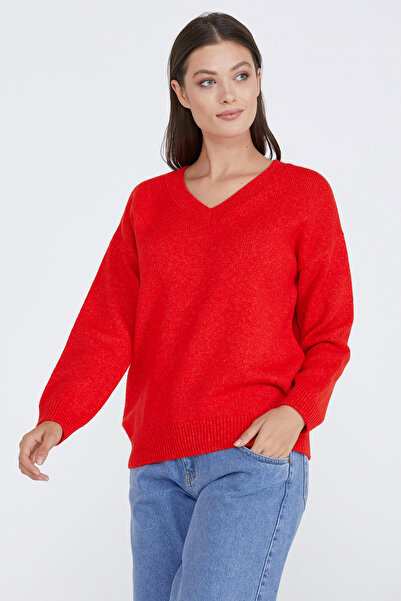 Sementa Women's V-Neck Knitwear Sweater - Red