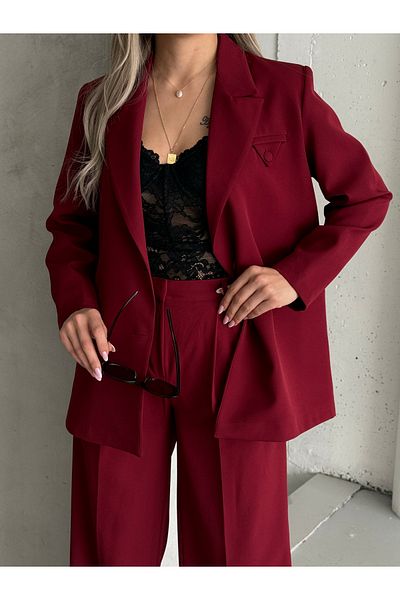 HOEK Women's Burgundy Button Detail Blazer Jacket Pants Suit