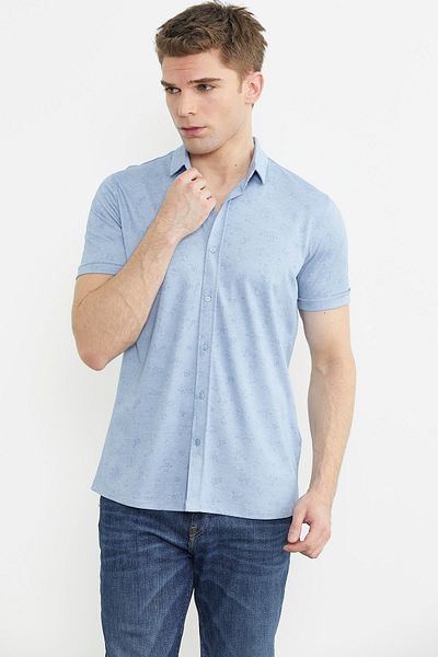 Sementa Μπλε Slim Fit εμπριμέ χτενισμένο βαμβακερό πουκάμισο