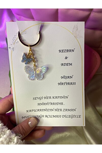TATLIŞ 10 ADET Mavi tonlarında hologramlı kelebek nişan süsü , söz düğün hatırası kart+jelatin dahil