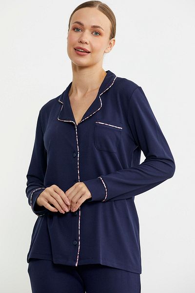 Sementa Costum de pijama model cămașă de culoare uni - bleumarin