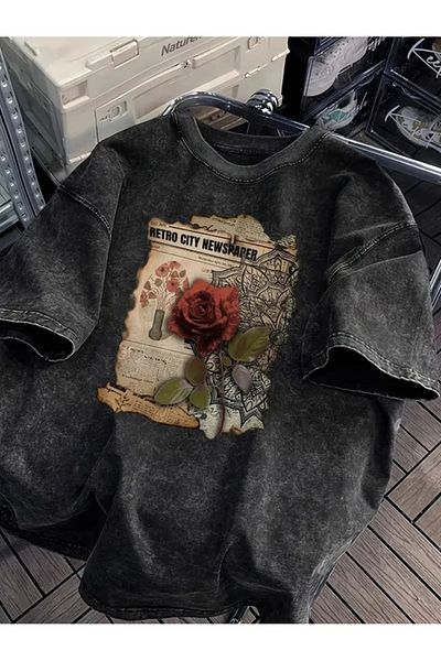 Touz Moda تي شيرت عتيق كبير الحجم مطبوع عليه وردة ريترو قابل للغسل