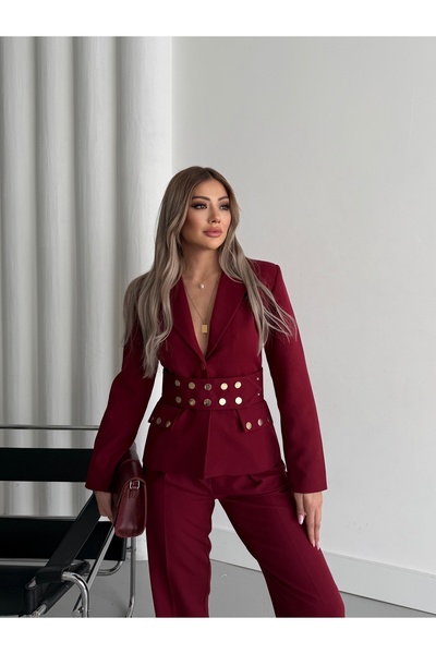 HOEK Kadın Bordo Kemerli Ceket Pantolon Takım Elbise