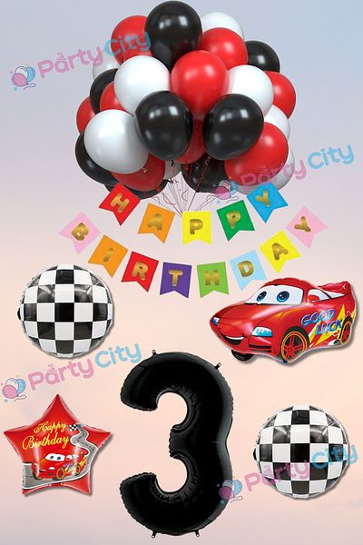 Party City مجموعة بالونات للاحتفال بعيد ميلاد السيارة بعمر 3 سنوات