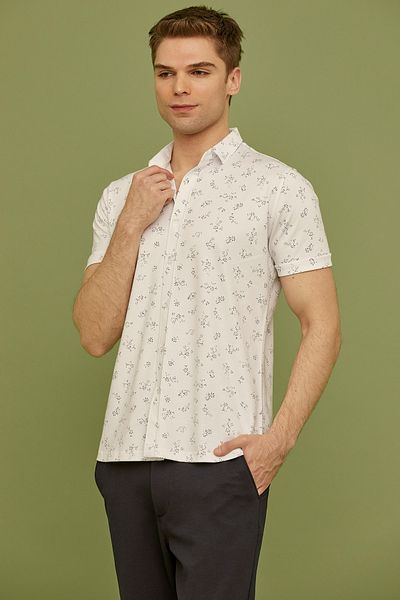 Sementa Slim Fit εμπριμέ χτενισμένο βαμβακερό πουκάμισο - Λευκό