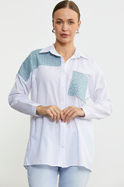 Sementa Pul Detaylı Patchwork Oversize Gömlek - Beyaz