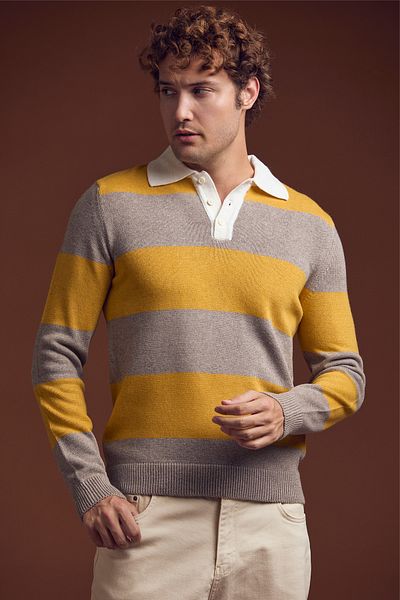 Sementa Yellow Striped Polo Collar Wool Knitwear Sweater