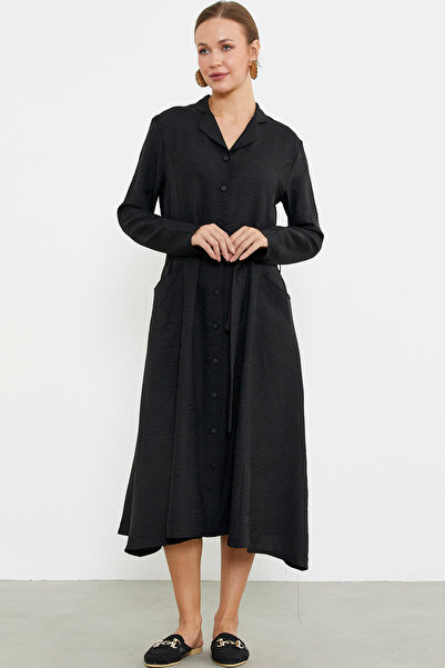 Sementa Φόρεμα με μακρυμάνικο πουκάμισο Linen Look - Μαύρο