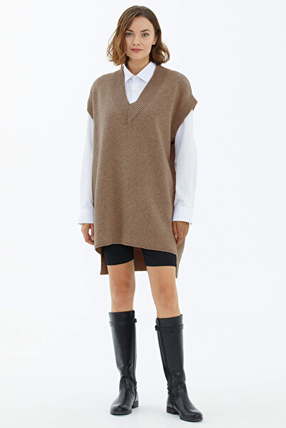 Sementa Πλεκτό μακρύ πουλόβερ με λαιμόκοψη V - Milk Coffee