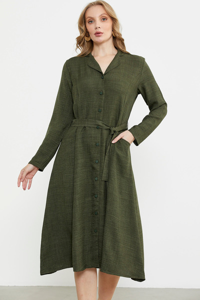 Sementa Keten Görünümlü Uzun Kol Gömlek Elbise - Haki