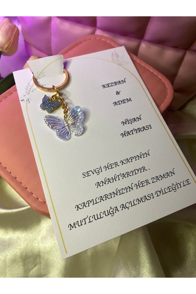TATLIŞ 10 ADET Mavi tonlarında hologramlı kelebek nişan süsü , söz düğün hatırası kart+jelatin dahil