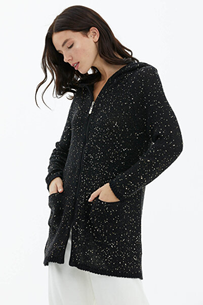Sementa Hooded Zippered Sequin Knitwear Cardigan - Black