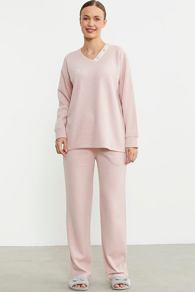Sementa Pink Soft Textured V-Neck Pajama Set