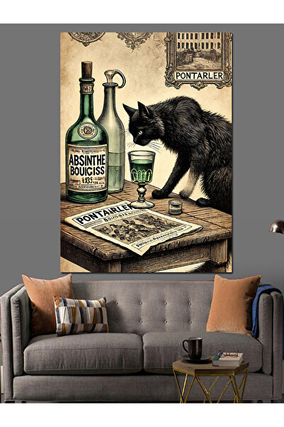 karizmart Pânză decorativă cu tema Absinthe și Pisica Neagră - Lemn MDF