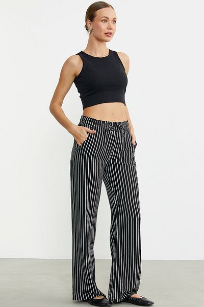 Sementa Striped Loose Cut Viscose Trousers - Black