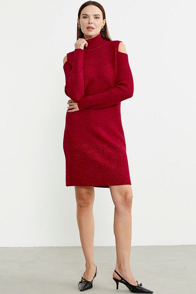 Sementa Full Fishing Knitwear Dress - Off-The-Shoulder, Red