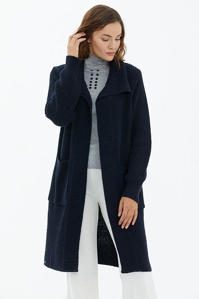Sementa Guler larg Tricotaj casual Cardigan lung Albastru bleumarin