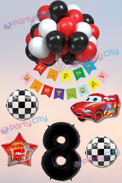 Party City Σετ μπαλονιών γιορτής γενεθλίων με θέμα το αυτοκίνητο 8 ετών Happy Birthday Πολύχρωμο γραμμένο