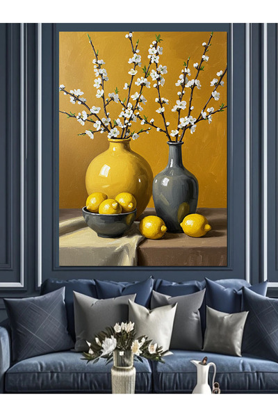 KanvasSepeti Flori albe într-o vază galbenă Pictură în ulei Texturată Pânză de înaltă calitate Pictură pe pânză 70 x 50 cm