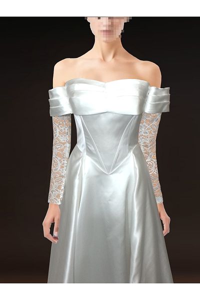 ASL Drape Detailed Lace Sleeves Strapless Wedding Dress