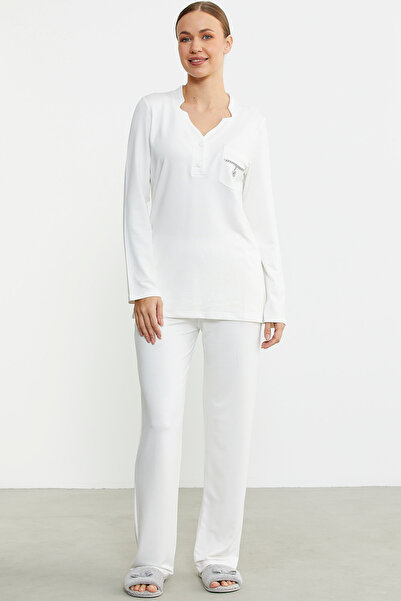 Sementa Yarım Düğmeli Cep Detaylı Pijama Takım - Ekru