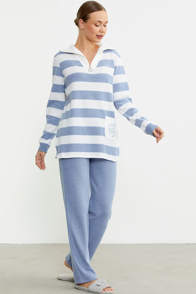 Sementa Kalın Çizgi Detaylı Pijama Takım - Mavi