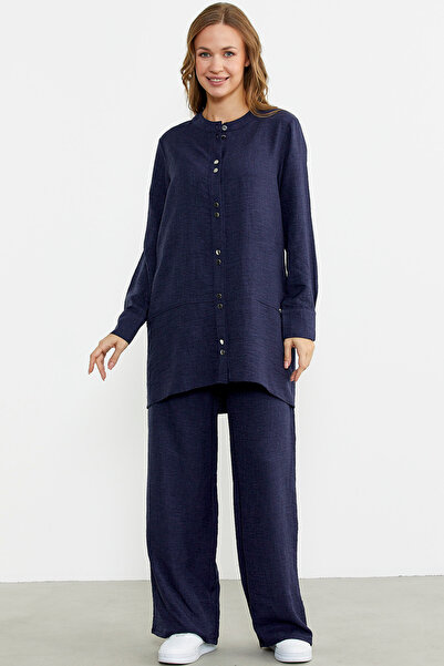 Sementa Navy Blue Linen Look Shirt Pants Set