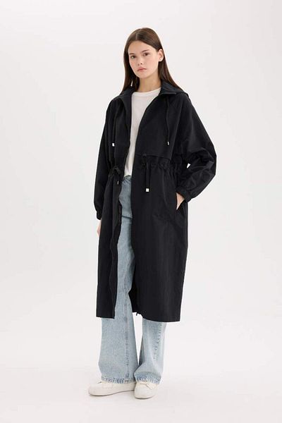 DeFacto Water Repellent Hooded Seasonal Long Raincoat with Zippered Pockets and Drawstring Waist A6245Ax25Sp