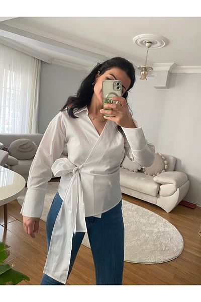 ronox Women's White Front Tie Polyviscon Fabric Long Sleeve Shirt