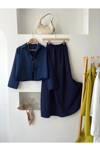 fh fashionhere Kadın Rahat Kesim Lacivert Kimono Iki Bağlamalı Gofre Kumaş Etekli Tesettür/günlük Takım