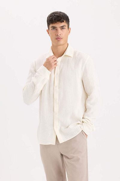 DeFacto New Season 100% Cotton Regular Fit Polo Neck Muslin Long Sleeve Shirt