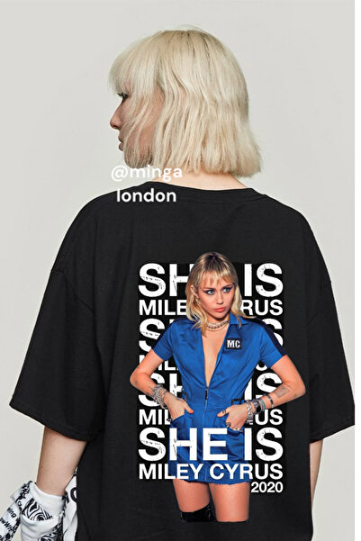Minga London تي شيرت أسود مايلي سايروس 2020 مطبوع من الأمام/الخلف للجنسين مقاس كبير -Minga London