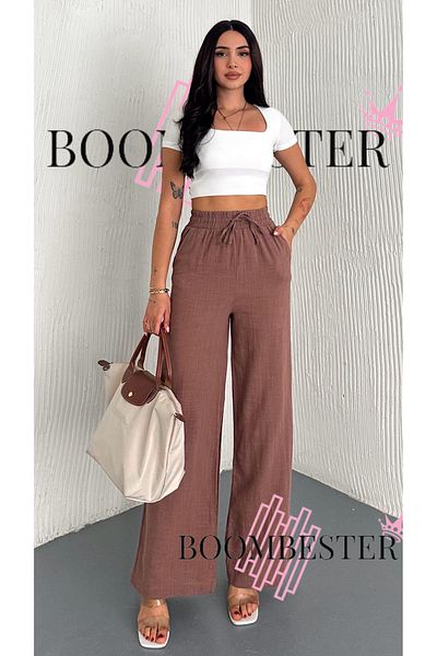 BoomBester Women's Linen Elastic Waist Palazzo Trousers - Lined Relaxed Fit Loose Wide Leg Summer Palazzo