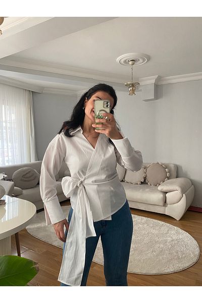 ronox Women's White Front Tie Polyviscon Fabric Long Sleeve Shirt