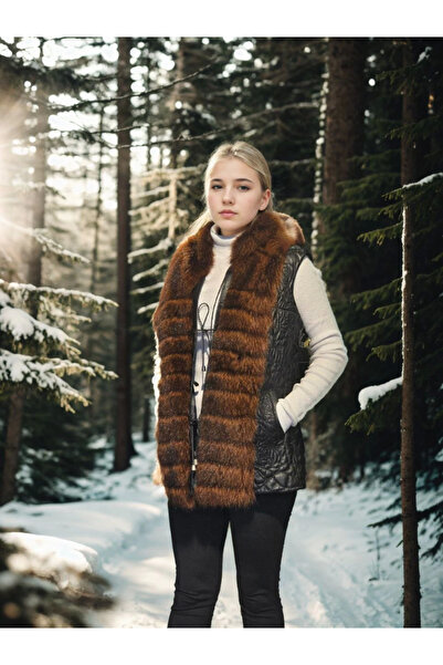 ERTAŞ TREND STORE Women's Premium Fur Sleeveless Zippered Vest - Black