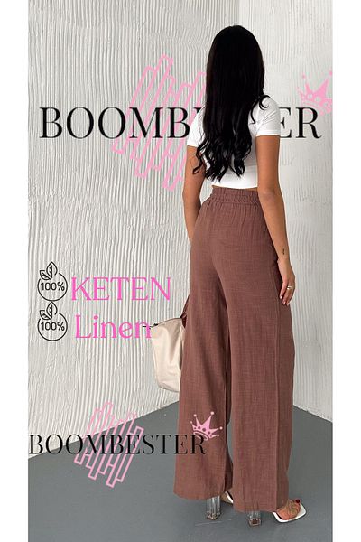 BoomBester Women's Linen Elastic Waist Palazzo Trousers - Lined Relaxed Fit Loose Wide Leg Summer Palazzo