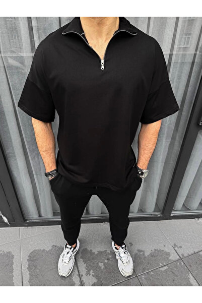 Generic Brand Men's Half Zip Short Sleeve T-Shirt - Black