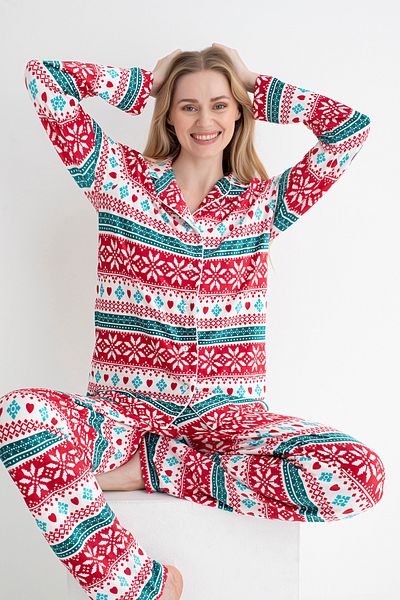 DOFİ Ethnic Patterned Pajama Set - Red, Round, Softened Fabric, Stylish and Comfortable |   Dofi