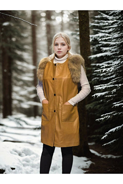 velmorafashion Velmora Premium Kolsuz Hakiki Deri krk - Hardal