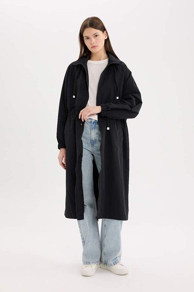 DeFacto Water Repellent Hooded Seasonal Long Raincoat with Zippered Pockets and Drawstring Waist A6245Ax25Sp