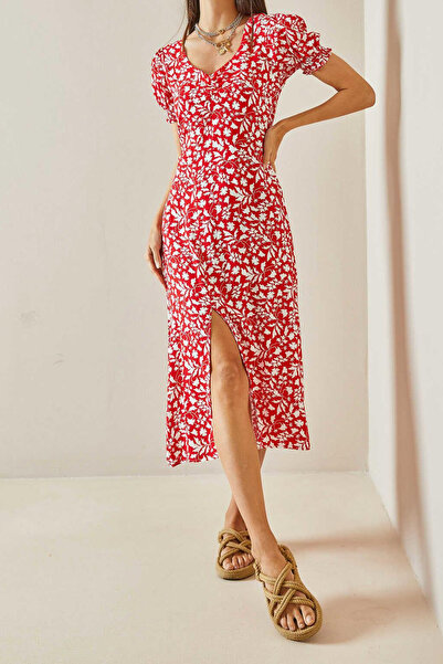 SYMPATHY Kırmızı Kısa Kollu Kolu Lastikli Yırtmaçlı Arka Beli Lastikli V Yaka...