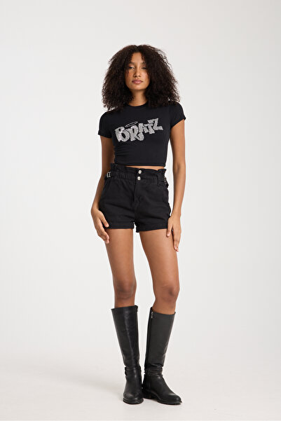 3 ROPE Bratz Rhinestone Stone Tištěný Crop Black