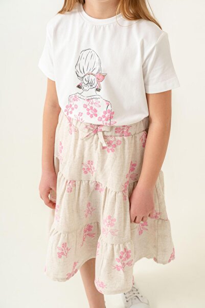 Magu Girl's Cotton Ecru Pink Floral Skirt Suit - Linen Texture