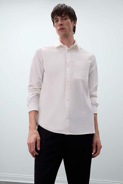 DeFacto New Season Regular Fit Polo Neck Basic Plain Seersucker Long Sleeve Shirt