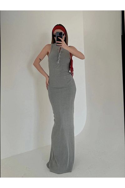 Kadınle    Slit Detailed Sleeveless Buttoned Washed Long Dress - Gray
