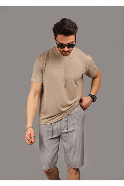 EydaMoon Men's Line Pattern Lycra Jogger Elastic Waist Back Pocket Zippered Summer Shorts
